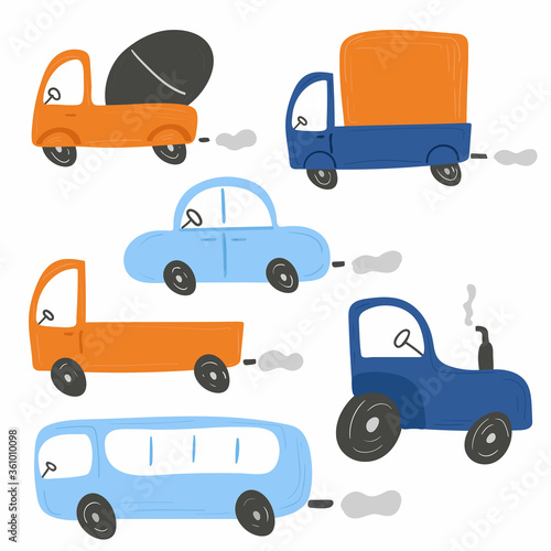Cartoon transport set. Cars and truck, bus and concrete mixer chidish collection of hand dawn vehicle. Nursery art design, for printing on baby clothes and textiles, home decor, vector illustration