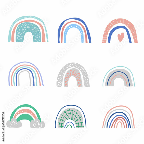 Cartoon rainbow set. Colorful rainbows chid collection of hand dawn elements. Nursery art design, for print on baby clothes and textiles, home decor, vector illustration