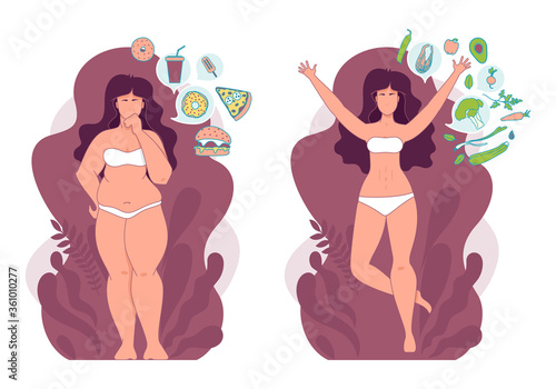 Woman before and after weigh loss. Fat and slim woman