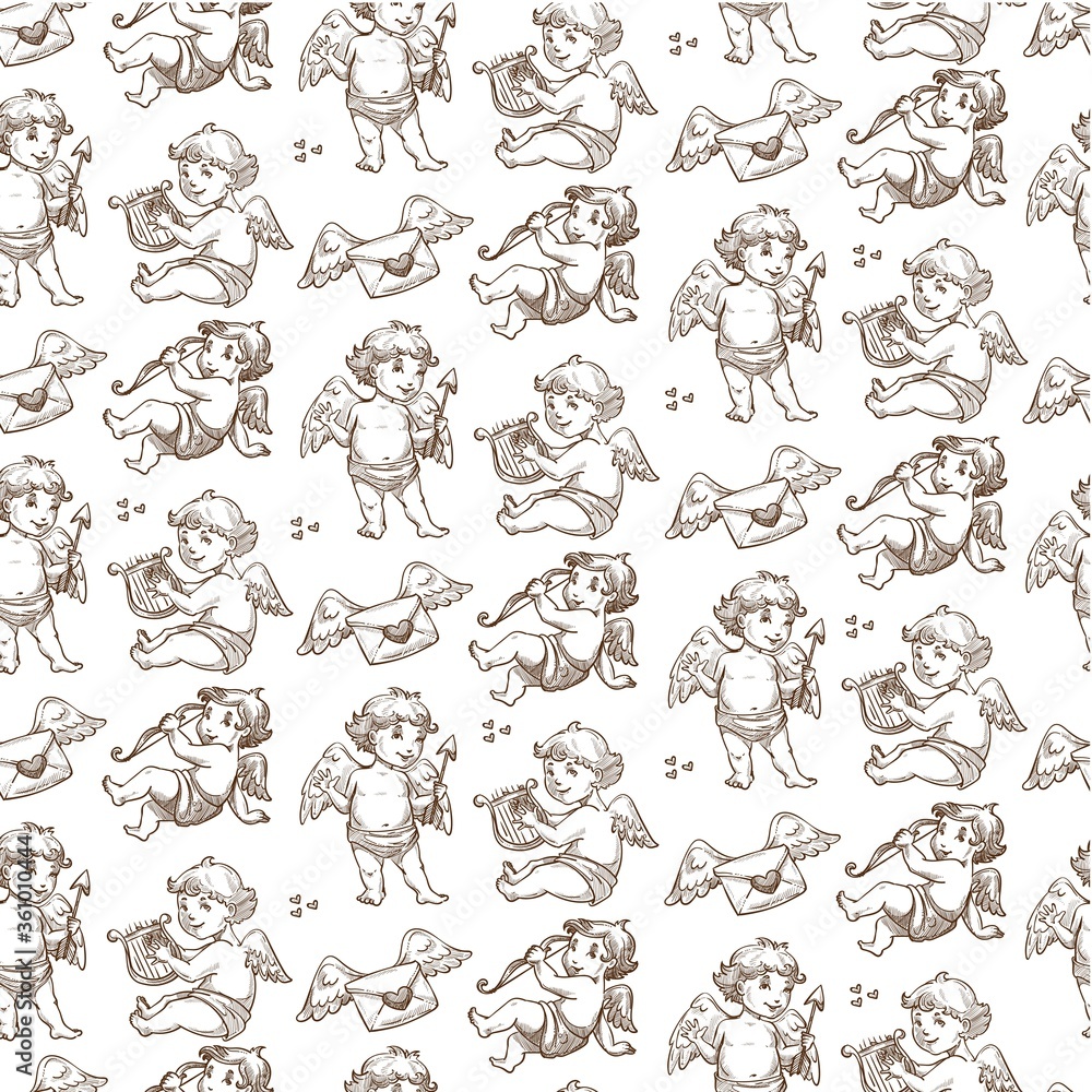 Cupid with love letters and arrows seamless pattern Cupid with love letters and arrows seamless pattern