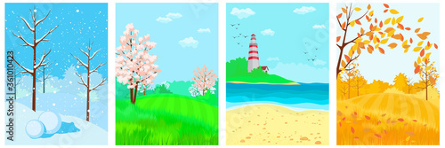 Banners summer, spring, autumn, winter. 12 Months of the Year. Weather year information set. Seasons banners. Landscapes, trees, sea fields hils lighthouse