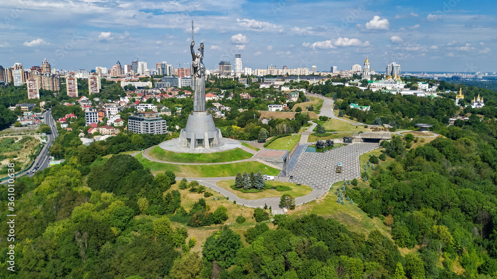 Aerial drone view of Kyiv city hills and parks from above, Kiev cityscape and skyline in spring, Ukraine
