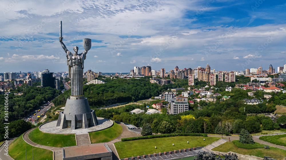 Aerial drone view of Kyiv city hills and parks from above, Kiev cityscape and skyline in spring, Ukraine - obrazy, fototapety, plakaty 