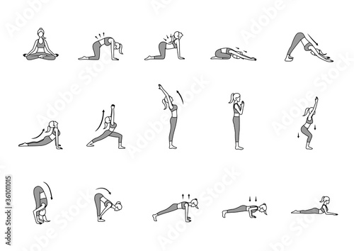 yoga pose for relief back pain, back stretching exercise icon set