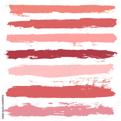 Makeup strokes, Set of lipstick swatches, Beauty and cosmetic nude, pink and red brush smudges vector background. smear make up lines collection, liquid make up texture isolated on white.