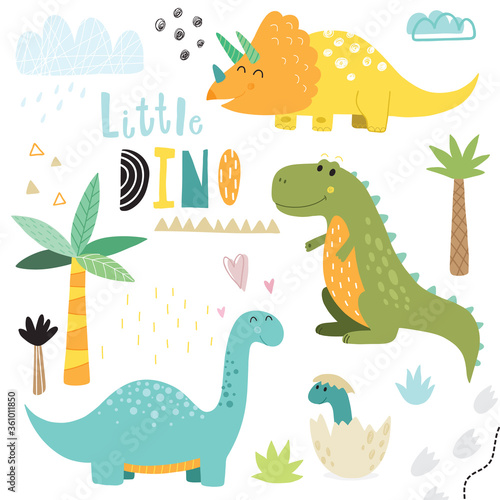 Cute hand drawn dinosaurs doodle icon set