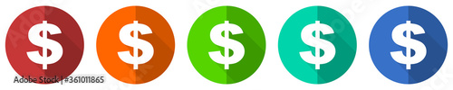 Dollar icon set, red, blue, green and orange flat design web buttons isolated on white background, vector illustration