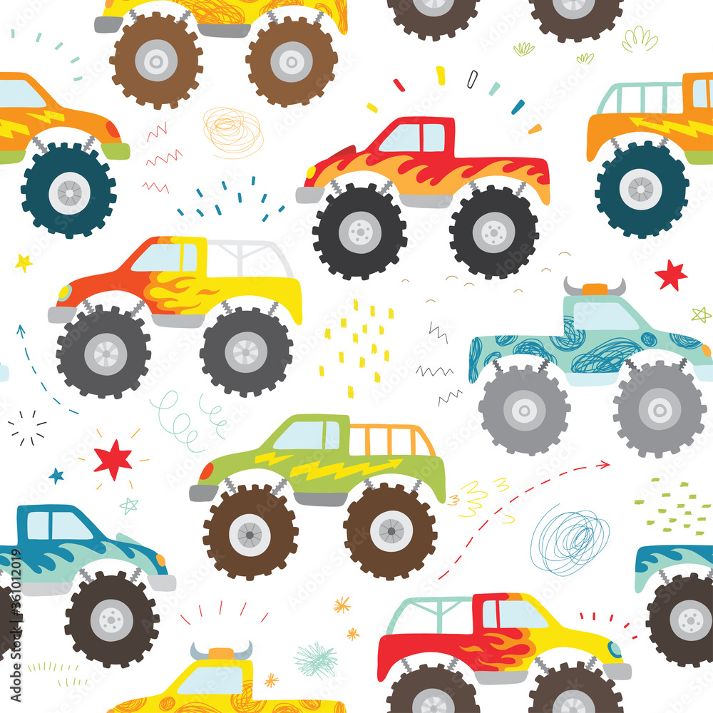 hand drawn kids doodle monster truck seamless pattern hand drawn kids doodle monster truck seamless pattern