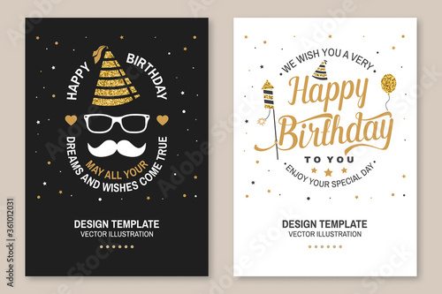 Wish you a very happy Birthday dear friend. Badge, card, with birthday hat, firework, mustache and cake with candles. Vector. Set of vintage typographic design for birthday celebration emblem