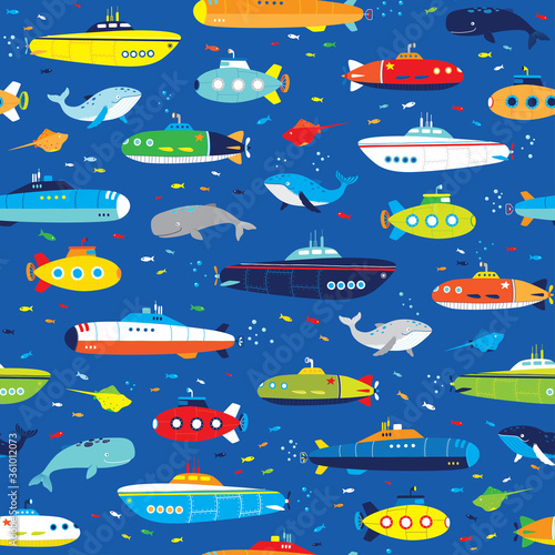 boys submarines and whales seamless pattern