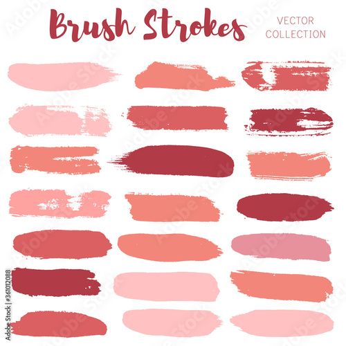 Makeup strokes, Set of lipstick swatches, Beauty and cosmetic nude, pink and red brush smudges vector background. smear make up lines collection, liquid make up texture isolated on white.