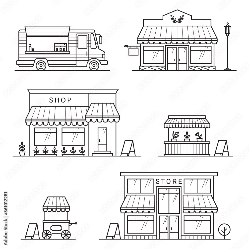 Set of store, shop, street store cart and truck icons. Vector. For web ...