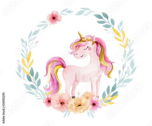 Isolated cute watercolor unicorn and flowers clipart. Nursery unicorns illustration. Princess unicorns poster. Trendy pink cartoon horse. photo