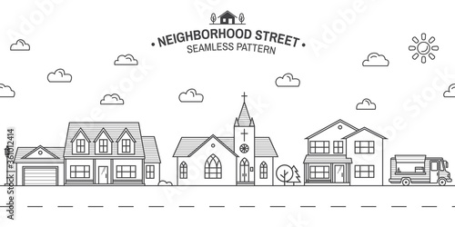 Neighborhood with home, store and church illustrated on white Vector thin line icon suburban american houses. For web design and application interface. Seamless pattern or background for wallpaper