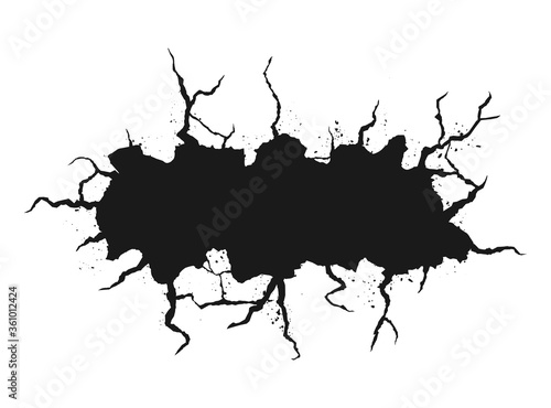 Cracked hole texture isolated on white background. Broken wall texture with space for text.