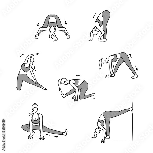 yoga pose for body and leg stretching icon set