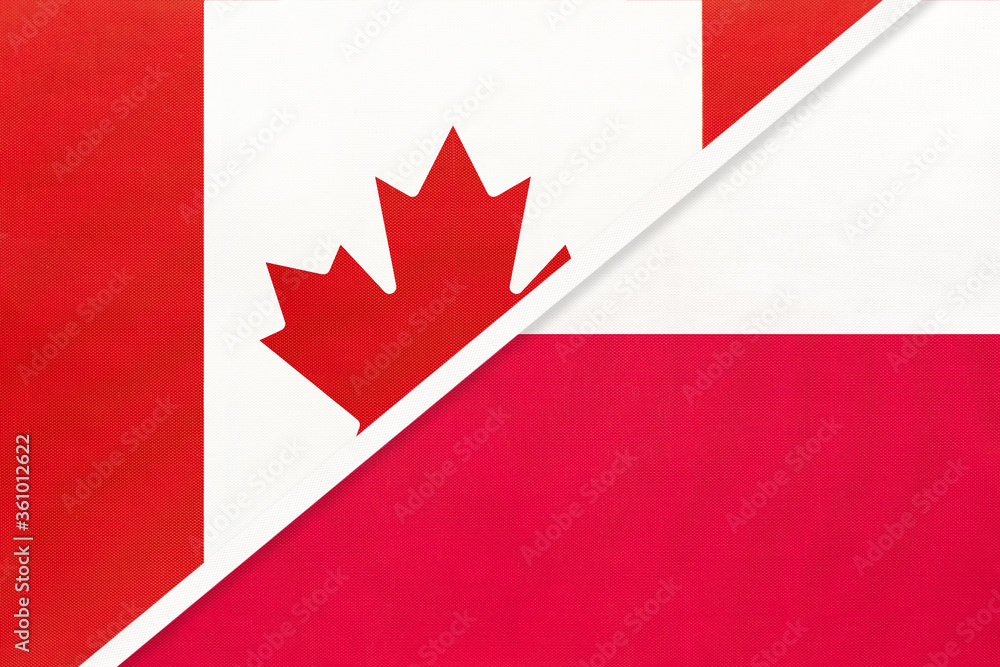 Canada and Poland, symbol of national flags from textile. Championship between two countries. Canada and Poland, symbol of national flags from textile. Championship between two countries.