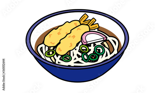 丼に盛り付けられた温かい海老の天ぷらうどん