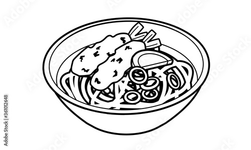 丼に盛り付けられた温かい海老の天ぷらうどん