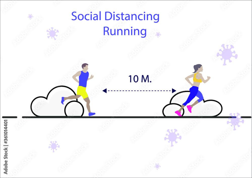 Fototapeta premium Social distancing exercise running outdoor. People running distance between people from each other. Training in sport club after covid-19 coronavirus quarantine. Flat vector exercise after pandemic
