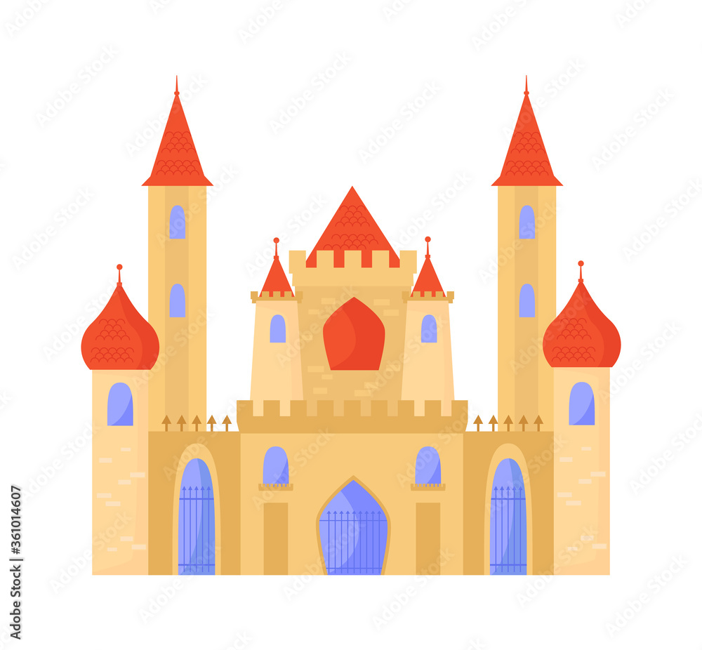 Oriental castle arabic baroque style. Elegant palace white brick temple minarets on sides red tiled domes graceful central doors openwork bars elongated windows blue. Eastern cartoon vector style.