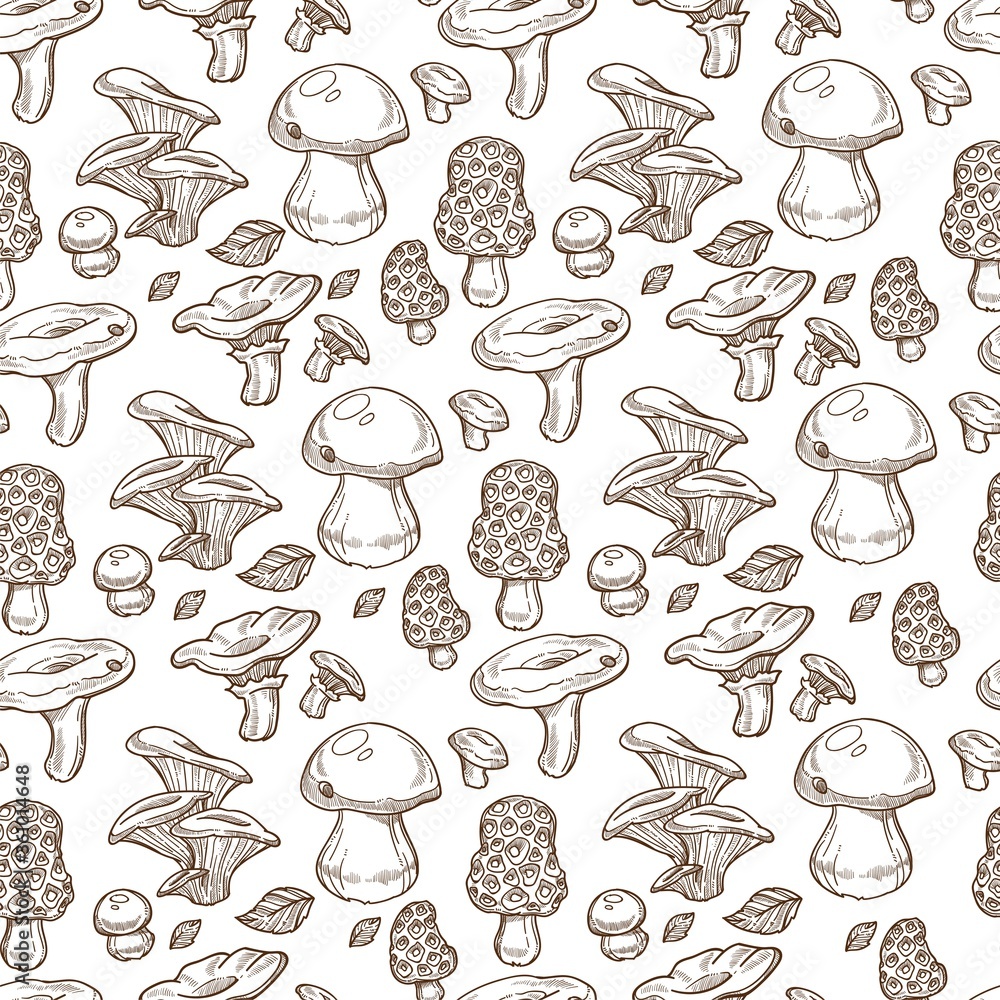 Porcini mushroom, Boletus edulis fungi monochrome seamless pattern Porcini mushroom, Boletus edulis fungi monochrome seamless pattern