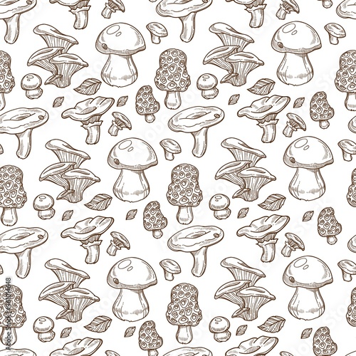 Porcini mushroom, Boletus edulis fungi monochrome seamless pattern