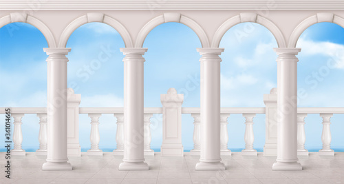 Billede på lærred White marble balustrade, arches and columns on balcony or terrace with overlooking to sea