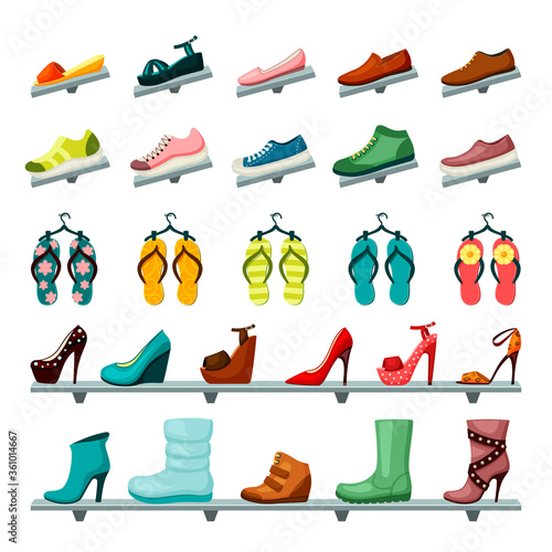 Unisex shoes womens mens set. Store shelves fashionable leather readings massive jackbuts loafers winclippers stylish mules moccasins red beach slippers espadrilles green. Elegant vector cartoon.