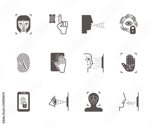 Biometric recognition system icons set. Face scanning, fingerprint palm identification opening lock by scanning retina voice vibration modern electronic protection systems. Vector detection icons