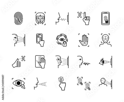Recognition biometric icons system set. Fingerprint palm identification appearance biometry face scanning unlock smartphone scanning retina voice vibration modern protection. Security vector icons