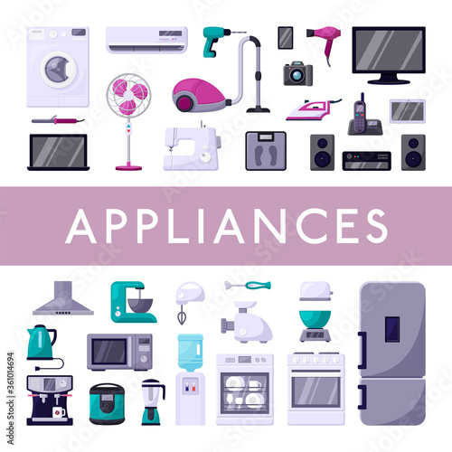 Home appliances set. Modern refrigerator washing machine plasma TV stereo system laptop electric oven coffee machine blender red vacuum cleaner stylish microwave hairdryer. Technical cartoon vector.