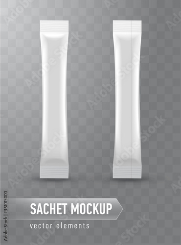 Realistic mock up of stick sachets. Front and back view. Blank packaging for cosmetic or food product. Template for your design, ready to use. Vector illustration isolated on transparent background.