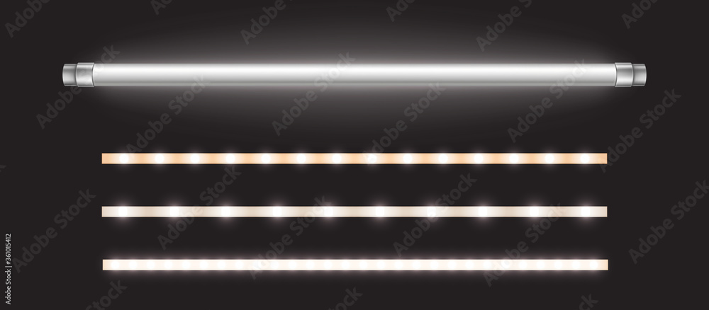 Tube lamp and led strips, long luminescence fluorescent energy saving bulb of daytime scattered light, artificial lighting for office. Halogen elements glowing lines, Realistic 3d vector illustration