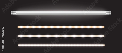 Tube lamp and led strips, long luminescence fluorescent energy saving bulb of daytime scattered light, artificial lighting for office. Halogen elements glowing lines, Realistic 3d vector illustration