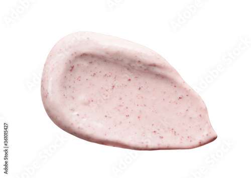 Scrub isolated on white background. Pink exfoliation cream smear smudge sample. Peeling scrubbing face or body skincare product swatch