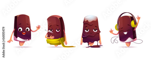Cute ice cream character in different poses. Vector set of cartoon chat bot, funny chocolate popsicle waves hand, feels ill, melts and listen music in headphones