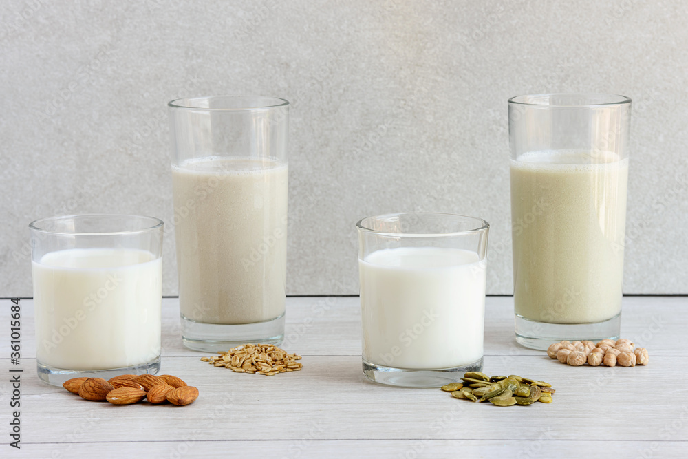 Various vega non dairy milk from nuts, seeds, cereals and legumes Various vega non dairy milk from nuts, seeds, cereals and legumes