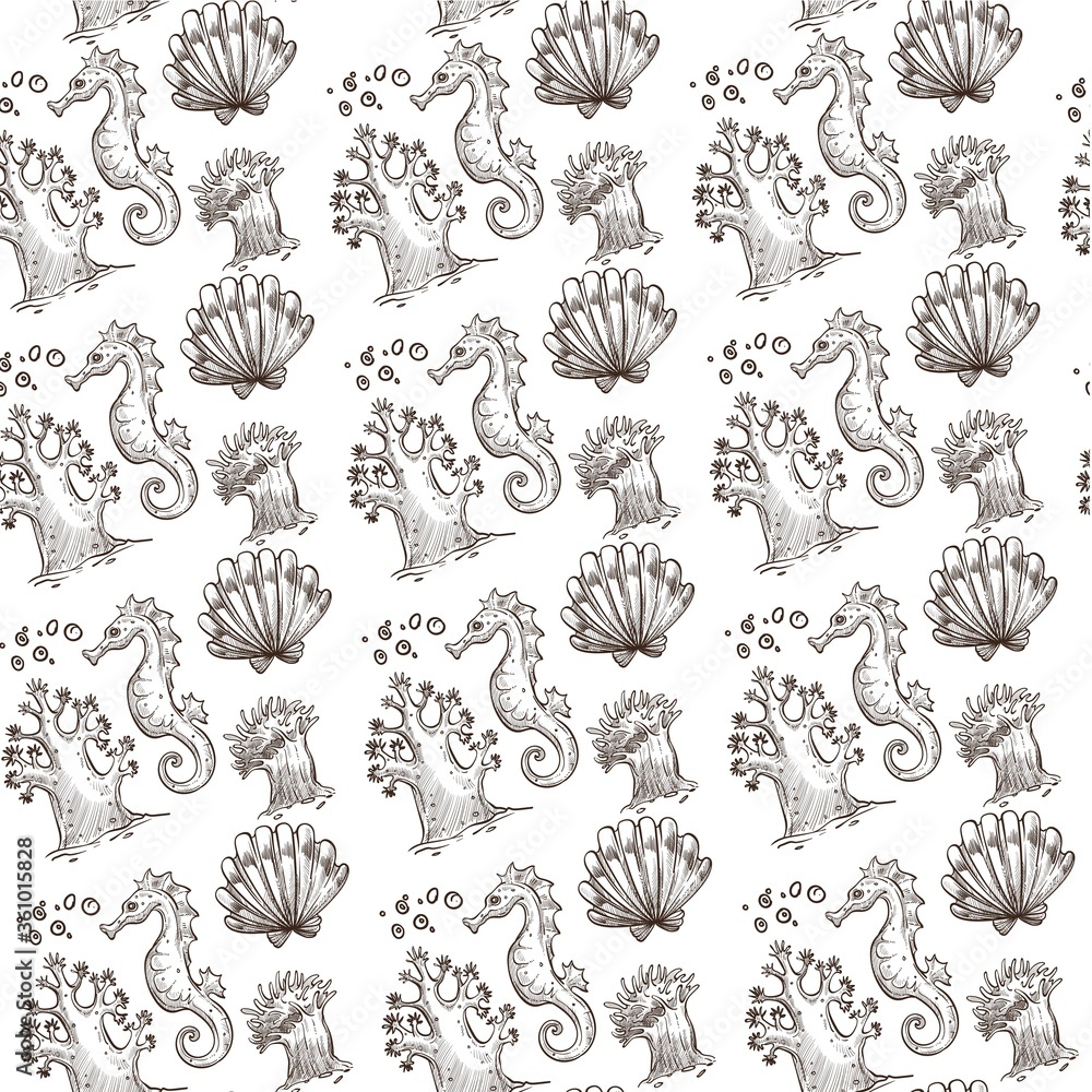 Seahorse and shell, seaweed underwater flora and fauna seamless pattern Seahorse and shell, seaweed underwater flora and fauna seamless pattern