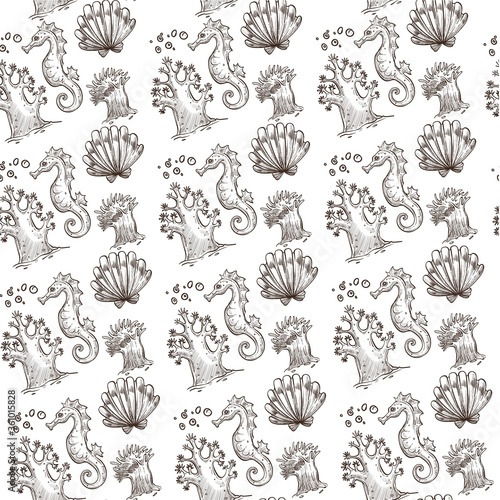 Seahorse and shell, seaweed underwater flora and fauna seamless pattern