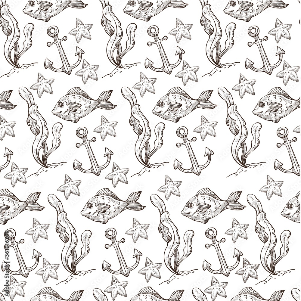 Fototapeta premium Fish and anchor, seastar and seaweed aquarium seamless pattern