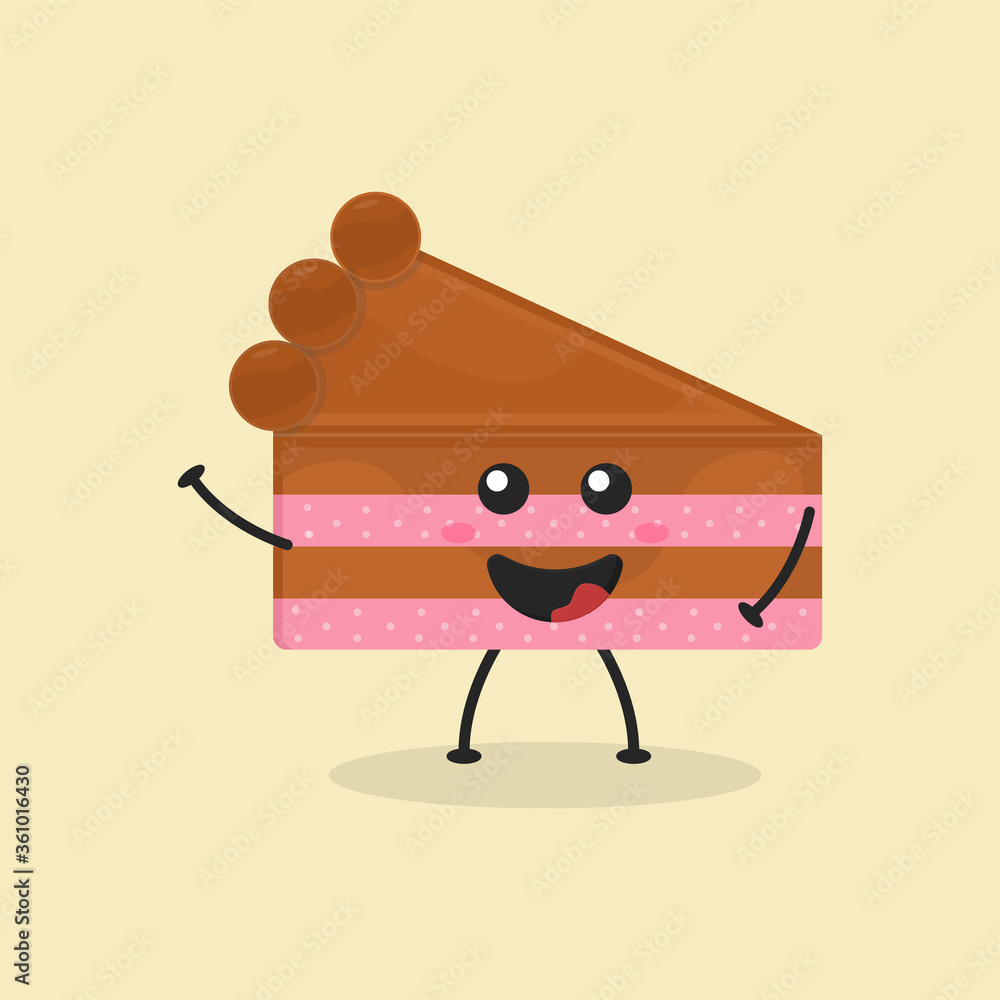 Fototapeta premium Cute Flat Cartoon Sliced Cake Illustration. Vector illustration of cute sliced cake with a smiling expression. Cute cake mascot design