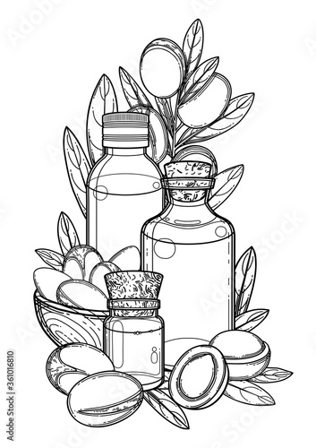 Three graphic oil bottles surrounded by argan plants