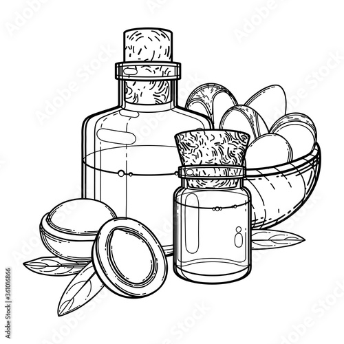 Graphic oil bottles surrounded by argan plants.