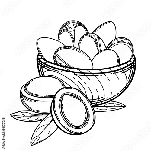Graphic wooden bowl dish with argan fruits inside.
