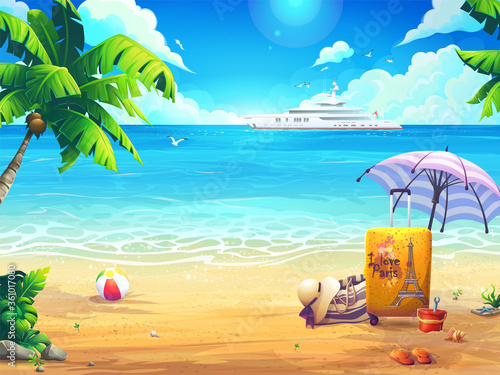 Summer beach illustration with the cruise liner