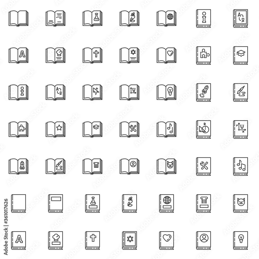Science books line icons set. linear style symbols collection, outline signs pack. Educational literature vector graphics. Set includes icons as chemistry, geography, mathematics, physics, history Science books line icons set. linear style symbols collection, outline signs pack. Educational literature vector graphics. Set includes icons as chemistry, geography, mathematics, physics, history