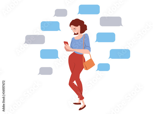 Young woman texting with smartphone. Speech bubbles for text message. Chatting online concept. Online dating. Vector character illustration.