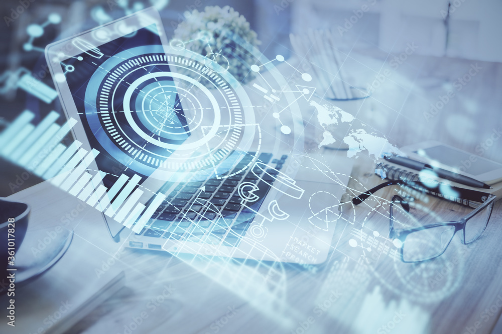 Double exposure of business theme icons and work space with computer background. Concept of success. Double exposure of business theme icons and work space with computer background. Concept of success.