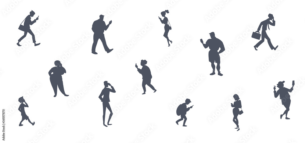Silhouettes of people with smartphones. People and technology concept background. Women and men talking, texting, searching internet. Vector characters isolated on white.
